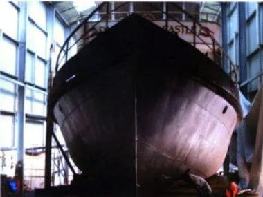 Pleasure boat hull after blasting and repaint at Dartmouth Castle