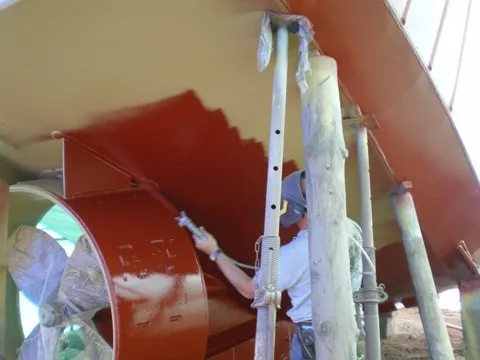 Fishing boat hull during coating