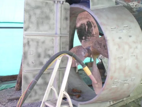 Boat propeller and rudder during blasting